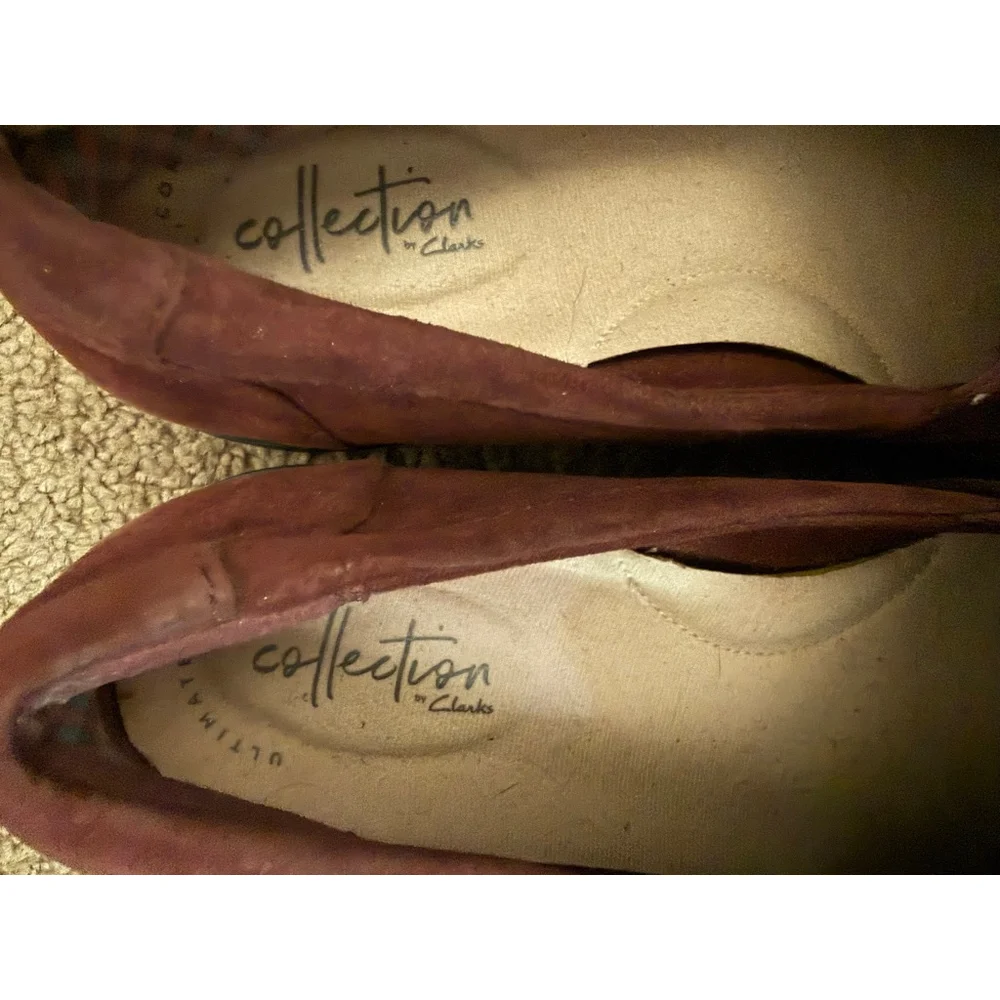 Women's Clarks Burgundy Suede Loafers with Black Sole